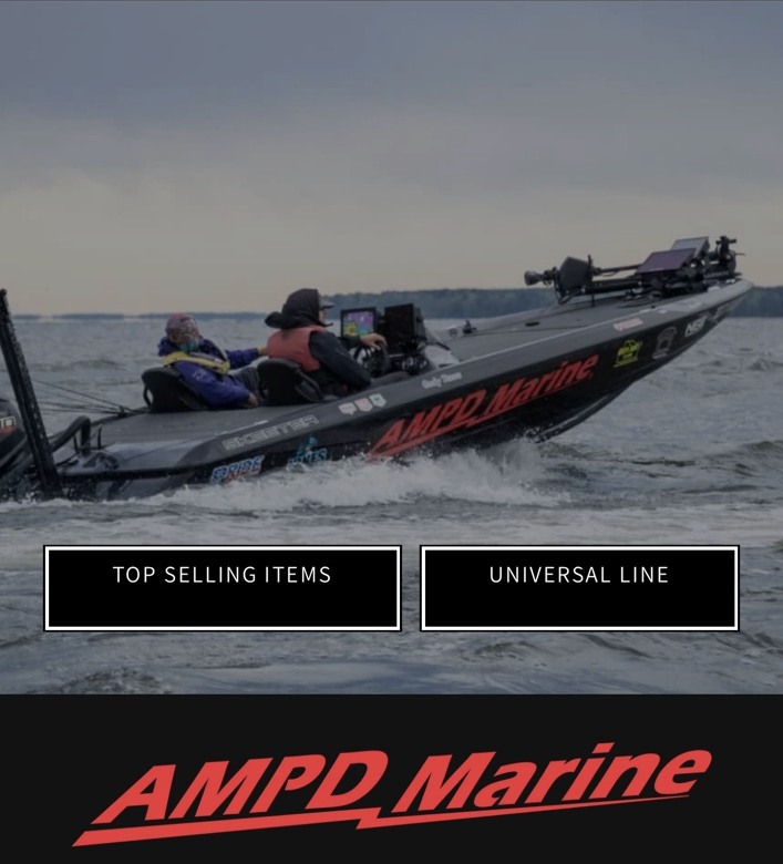 AMPD Marine bass boat on the water with official red AMPD Marine branding